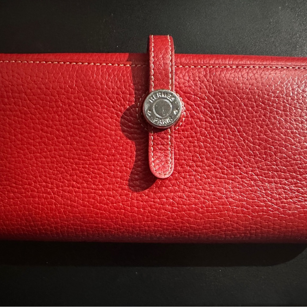 Hermés Paris Made In France Vintage Red Pebble Leather Long Wallet